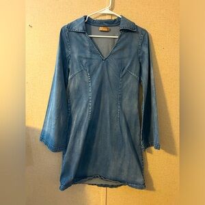 Blue jean pleated mini dress with bell sleeves. Material stretches. Size small